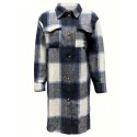 Plaid Print Long Length Jacket, Casual Button Front Flap Pockets Outwear, Women's Clothing