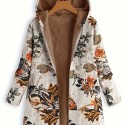 Floral Hooded Fall & Winter Jacket, Casual Open Front Long Sleeve Outerwear, Women's Clothing