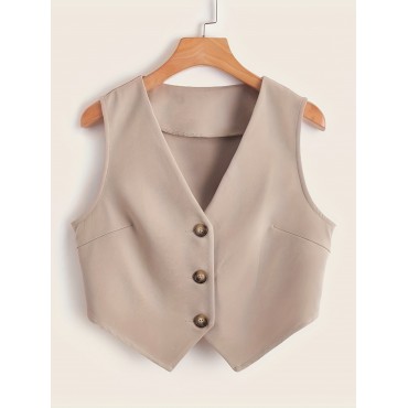 Button Front Sleeveless Vest, Elegant Solid V Neck Work Vest, Women's Clothing