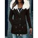 Faux Fur Hood Drawstring Parka Coat, Zip Up Button Front Pocket Thermal Overcoat, Women's Clothing