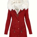 Faux Fur Hood Drawstring Parka Coat, Zip Up Button Front Pocket Thermal Overcoat, Women's Clothing