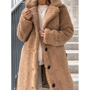 Solid Teddy Fall & Winter Coat, Casual Button Front Long Sleeve Outerwear, Women's Clothing