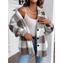 Plaid Fuzzy Fall & Winter Coat, Casual Button Front Long Sleeve Warm Outerwear, Women's Clothing