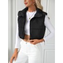 Zip Up Cropped Vest Coat, Casual Solid Sleeveless Stand Collar Outerwear, Women's Clothing