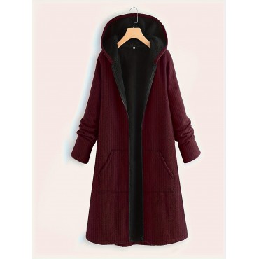 Zip Up Long Length Coat, Casual Solid Long Sleeve Hooded Outerwear, Women's Clothing