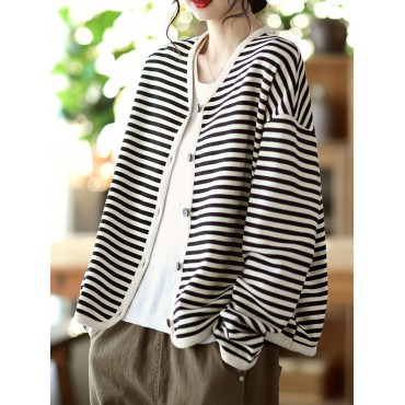 Striped Print Button Front Jacket, Casual V Neck Long Sleeve Outerwear For Spring & Summer, Women's Clothing