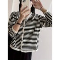 Striped Print Button Front Jacket, Casual V Neck Long Sleeve Outerwear For Spring & Summer, Women's Clothing