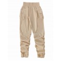 Ruched Solid Cargo Pants, Elegant High Waist Drawstring Pants With Pockets, Women's Clothing