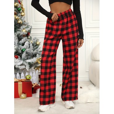 Plaid Print Wide Leg Pants, Casual Elastic Waist Slant Pocket Pants, Women's Clothing