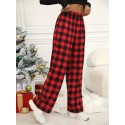 Plaid Print Wide Leg Pants, Casual Elastic Waist Slant Pocket Pants, Women's Clothing