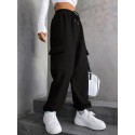 Solid High Waist Pants, Casual Drawstring Pants With Pockets, Women's Clothing