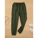 Y2K Solid Drawstring Cargo Pants, Casual Elastic Waist Long Length Pants With Pockets, Women's Clothing