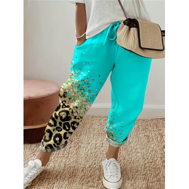 Leopard & Sequins Print Drawstring Pants, Casual Loose Pants For Spring & Fall, Women's Clothing