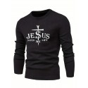 Jesus Saved My Life Print All Match Knitted Sweater, Men's Casual Warm Mid Stretch Crew Neck Pullover Sweater For Men Fall Winter