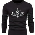 Jesus Saved My Life Print All Match Knitted Sweater, Men's Casual Warm Mid Stretch Crew Neck Pullover Sweater For Men Fall Winter