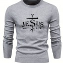 Jesus Saved My Life Print All Match Knitted Sweater, Men's Casual Warm Mid Stretch Crew Neck Pullover Sweater For Men Fall Winter