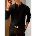 Chic Knit Shirt, Men's Casual Stylish Lapel Middle Stretch V-Neck Pullover Sweater For Winter Autumn