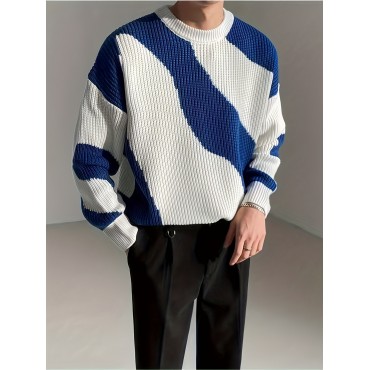 All Match Knitted Color Block Wave Pattern Cable Sweater, Men's Casual Warm Slightly Stretch Crew Neck Pullover Sweater For Men Fall Winter