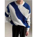 All Match Knitted Color Block Wave Pattern Cable Sweater, Men's Casual Warm Slightly Stretch Crew Neck Pullover Sweater For Men Fall Winter