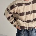 Preppy Stripes Pattern Knitted Sweater, Men's Loose Casual Warm Mid Stretch Crew Neck Pullover Sweater For Men Fall Winter