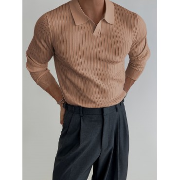 Solid Chic Knit Shirt, Men's Casual Lapel Slightly Stretch V-Neck Pullover Sweater For Autumn Winter