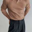 Solid Chic Knit Shirt, Men's Casual Lapel Slightly Stretch V-Neck Pullover Sweater For Autumn Winter