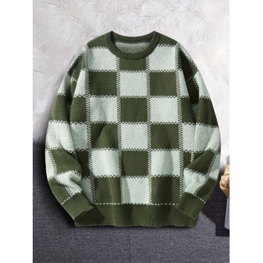 Men's Checkerboard Knitted Sweater - Warm And Stretchy Casual Pullover For Fall And Winter