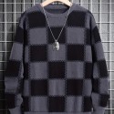 Men's Checkerboard Knitted Sweater - Warm And Stretchy Casual Pullover For Fall And Winter