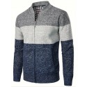 Warm Stand Collar Fleece Jacket, Men's Casual Comfortable Color Block Mid Stretch Zip Up Knitted Cardigan For Spring Fall