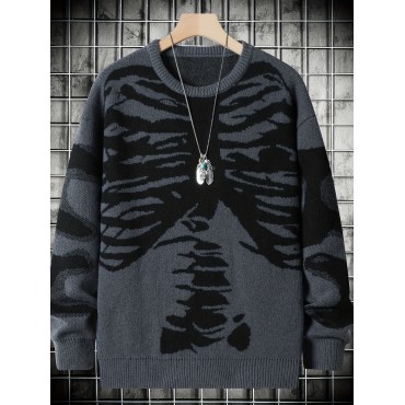 Men's Skeleton Pattern Knitted Pullover For Halloween, Casual Slightly Stretch Breathable Loose Sweater For Outdoor Fall Winter