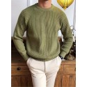 Warm Texture Knitted Sweater, Men's Casual Solid Color Slightly Stretch Round Neck Pullover Sweater For Fall Winter