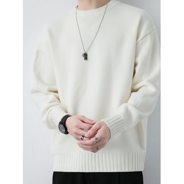 All Match Knitted Sweater, Men's Casual Warm Slightly Stretch Crew Neck Pullover Sweater For Fall Winter