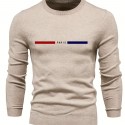 All Match Knitted PARIS Pattern Sweater, Men's Casual Warm Mid Stretch Crew Neck Pullover Sweater For Men Fall Winter