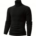 Turtle Neck Knitted Cable Sweater, Men's Casual Warm Solid High Stretch Pullover Sweater For Fall Winter