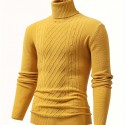 Turtle Neck Knitted Cable Sweater, Men's Casual Warm Solid High Stretch Pullover Sweater For Fall Winter