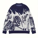 Y2K Long Sleeve Sweater, Loose Casual Sweater Skull Pattern Knitted Sweater, Men's Warm Slightly Stretch Crew Neck Pullover Sweater For Men Fall Winter