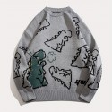 Cartoon Dinosaur Pattern Knitted Sweater, Men's Casual Warm Slightly Stretch Crew Neck Pullover Sweater For Men Fall Winter