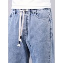 Classic Design Distressed Jeans, Men's Casual Drawstring Regular Fit Denim Pants For All Seasons