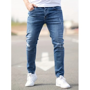 Ripped Design Cotton Slim Fit Jeans, Men's Casual Street Style Leg Mid Stretch Denim Pants For Spring Summer