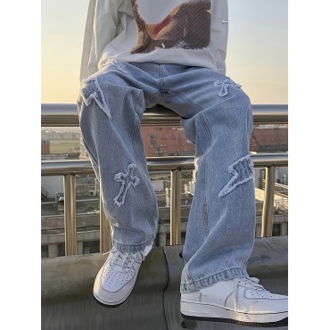 Embroidery Loose Ripped Cotton Blend Jeans, Men's Casual Street Style Distressed Denim Pants For Spring Summer