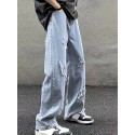 Embroidery Loose Ripped Cotton Blend Jeans, Men's Casual Street Style Distressed Denim Pants For Spring Summer