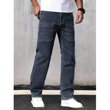 Loose Fit Straight Leg Jeans, Men's Casual Street Style Multi Pocket Denim Pants For All Seasons