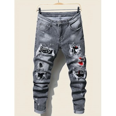 Slim Fit Patchwork Jeans, Men's Casual Street Style Distressed Stretch Denim Pants