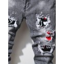 Slim Fit Patchwork Jeans, Men's Casual Street Style Distressed Stretch Denim Pants