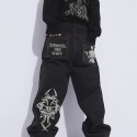 Men's Skeleton Embroidery Jeans, Casual Street Style Loose Fit Jeans, Halloween Gift