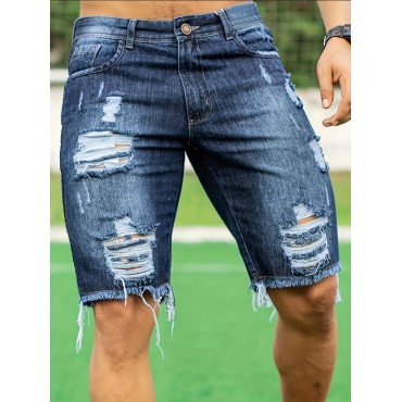 Ripped Denim Shorts, Men's Casual Street Style All Match Distressed Denim Shorts For Summer