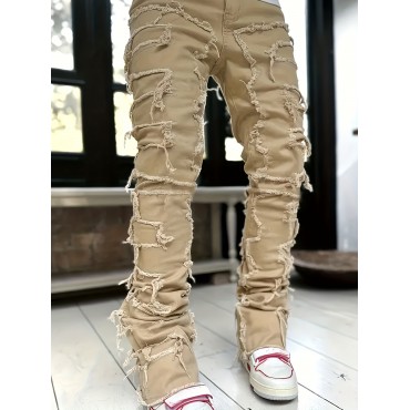 Creative Raw Trim Jeans, Men's Casual Street Style Medium Stretch Denim Pants