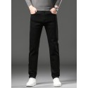 Men's Stylish Comfy Solid Denim Trousers With Pockets, Causal Breathable Fleece Slim-fit Jeans For City Walk Street Hanging Outdoor Activities