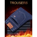 Men's Classic Design Warm Thick Jeans, Semi-formal Stretch Jeans For Business