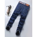 Men's Classic Design Warm Thick Jeans, Semi-formal Stretch Jeans For Business